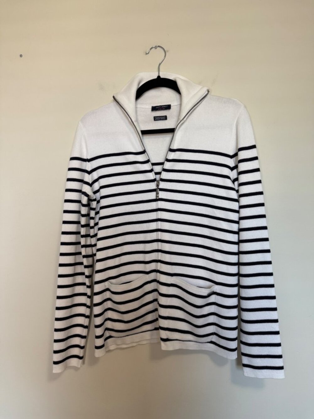 Saint James Striped Full-Zip Cardigan Sweater in White/Navy 10